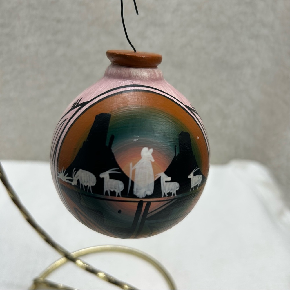 Native American pink ornament handpainted signed animals glass wood 3"